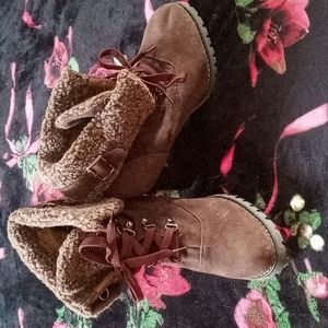 Brown fuzzy high heel booties